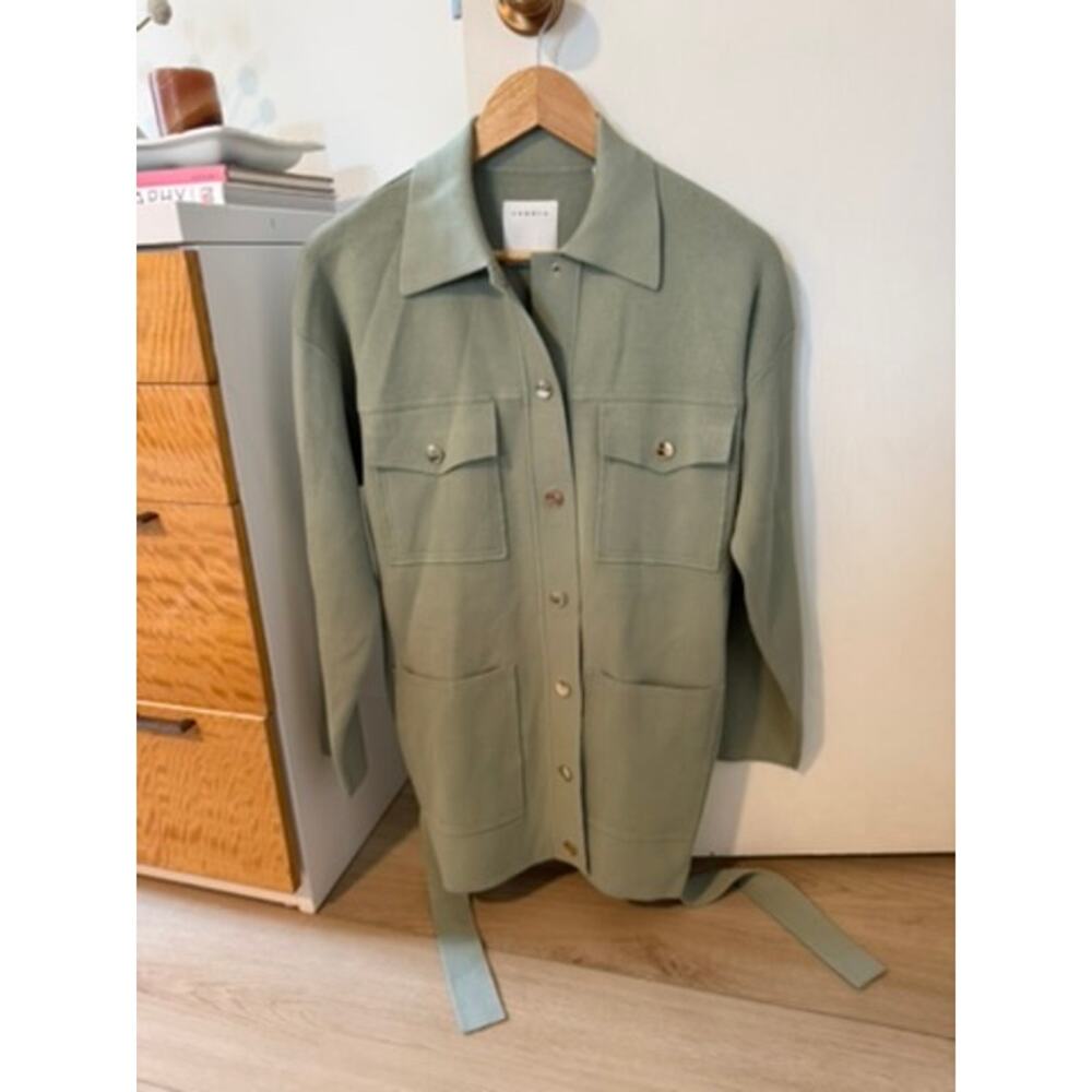 Sandro Sage Green Button Front Utility Overcoat Minimal Parisian Jacket ✨